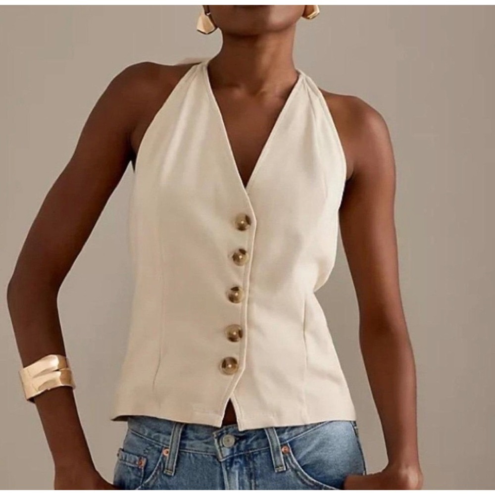 Anthropologie NWT Neutral Halter Vest Top Button Down Beige L